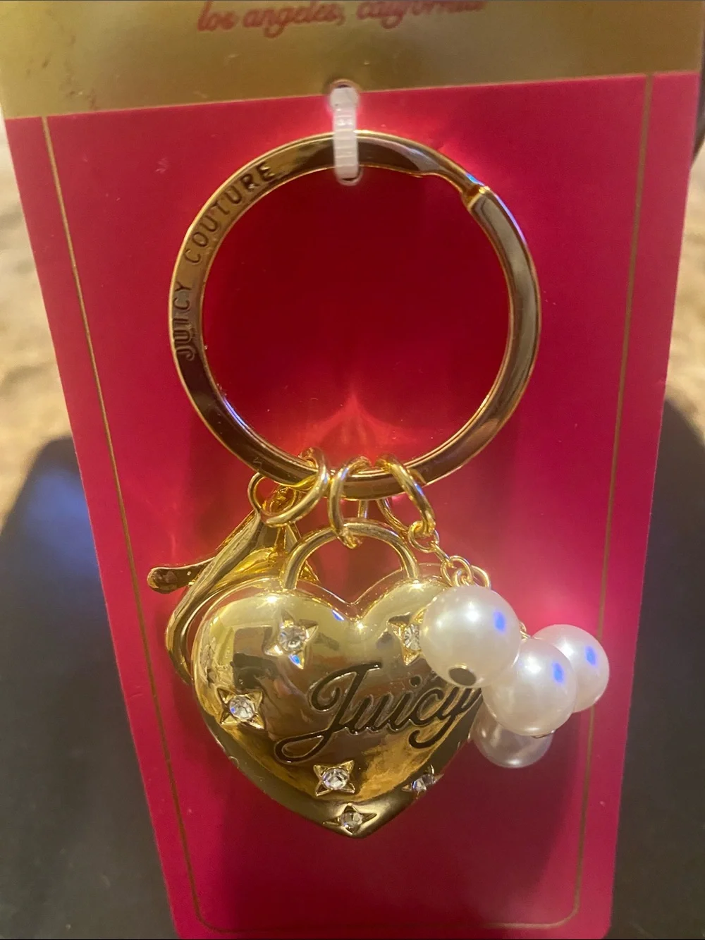 Juicy Couture Gold Heart Keyring with Pearl Charms